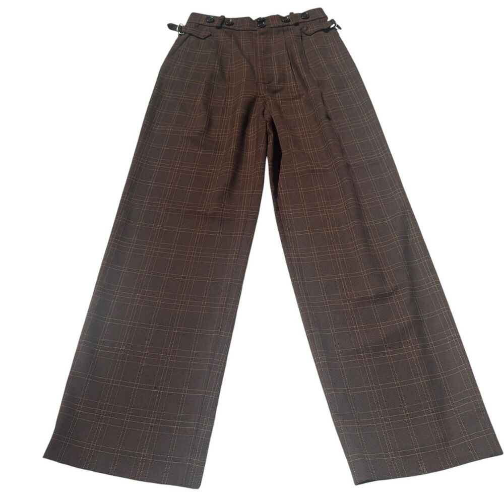 Vintage Y2K Brown Plaid Pants Women 28x28 High Rise Pleated Wide Leg Side Buckle
